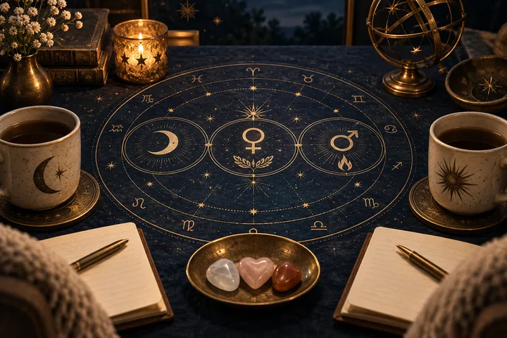 A circular celestial diagram with a crescent and planetary symbols lies on a dark table between two notebooks, cups, stones, books, and a candle.