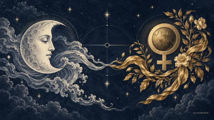 Illustrative engraved zodiac wheel showing the Moon and Venus facing across a synastry axis in midnight blue, ivory, and brass.