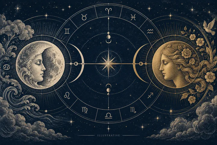 Illustrative engraved synastry diagram with lunar and Venus symbols balanced across opposite zodiac signs in midnight blue, ivory, and brass.