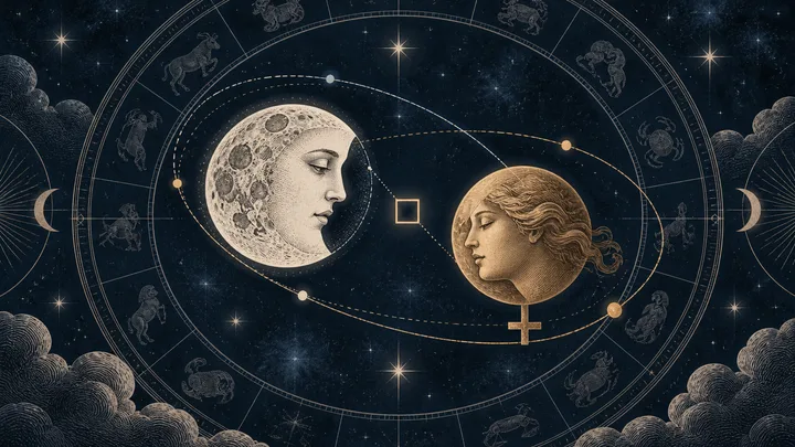 Engraved-style night-sky illustration with a cratered moon face and a classical profile marked with the Venus symbol, surrounded by zodiac figures, orbit lines, and a square symbol.