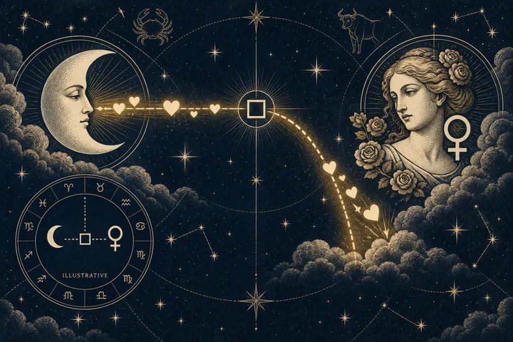 Engraved-style starry illustration with a crescent moon profile on the left and a floral classical profile with the Venus symbol on the right; glowing hearts follow paths through a central square, with an illustrative zodiac inset below.
