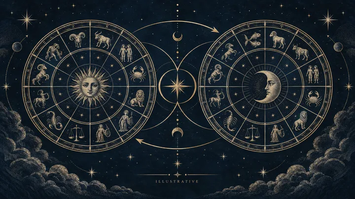 Illustrative midnight-blue scene with two brass zodiac wheels linked by reciprocal curved arrows, showing an exchange rather than a compatibility score.