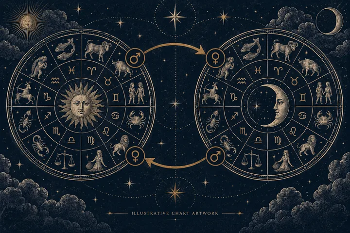Illustrative brass rulership map showing Venus in Aries and Mars in Libra connected across two midnight-blue chart panels, with sign labels and no personal birth data.