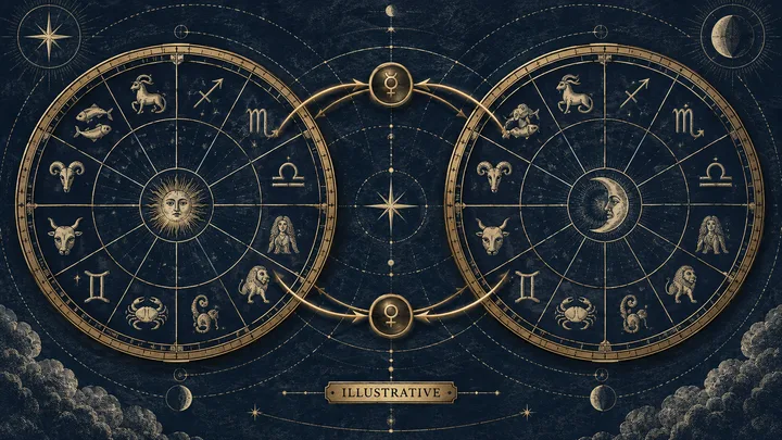 Illustrative midnight-blue synastry diagram with Mercury and Venus symbols joined by circular brass paths between two zodiac wheels, showing a planetary exchange rather than a compatibility score.
