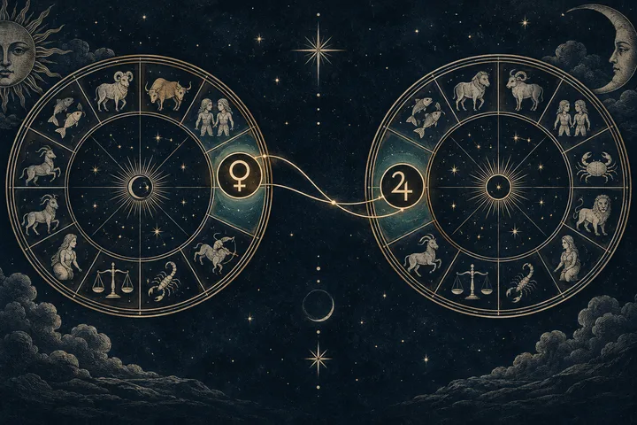 Illustrative engraved synastry wheels exchange a brass thread across a quiet gap against midnight-blue astronomical paper.