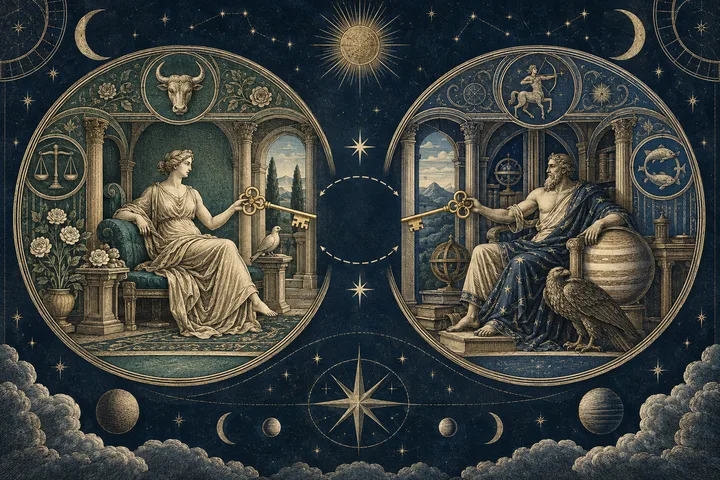 Illustrative Venus and Jupiter emblems sit as reciprocal guests in engraved sign territories, linked by ornate brass keys.