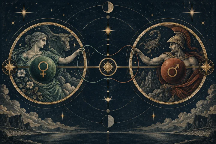Opposing engraved planetary emblems hold a taut reciprocal brass axis, leaving a small open route between them amid controlled tension.