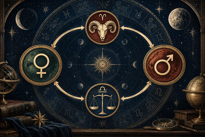 Engraved midnight-blue zodiac wheel with Venus and Mars medallions connected by reciprocal pathways through Aries and Libra.