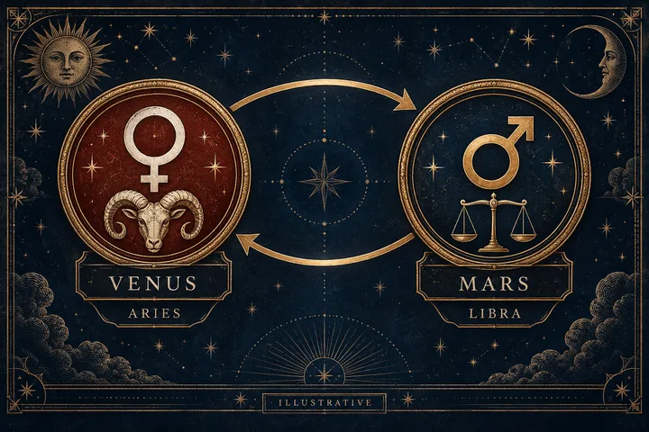 Illustrative engraved diagram showing Venus in Aries and Mars in Libra connected by two reciprocal arrows.