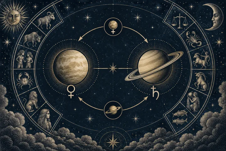 Engraved Venus and ringed Saturn sit within a circular zodiac wheel, linked by arrows and surrounded by stars and zodiac figures.