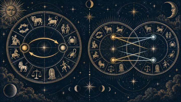 Illustrative brass synastry wheel showing a sign-rulership exchange beside a measured planetary aspect