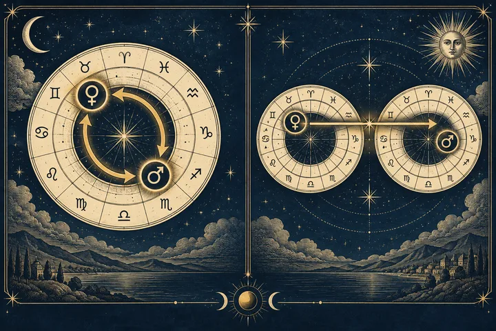 Illustrative chart artwork contrasting two planets linked by rulership with two planets joined by degree geometry