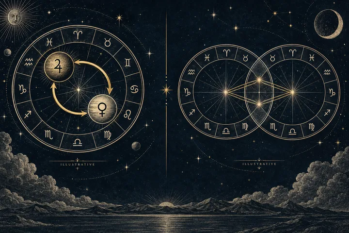 Illustrative close-up of brass zodiac rulers exchanging signs across a midnight-blue chart