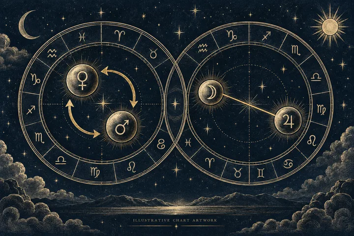 Illustrative synastry aspect arc marked against a brass zodiac ring, with no personal chart data