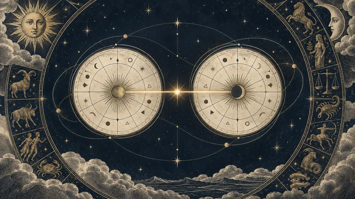 Two circular celestial diagrams linked by a bright star, surrounded by a dark sky, a sun, a moon, and engraved figures and symbols.