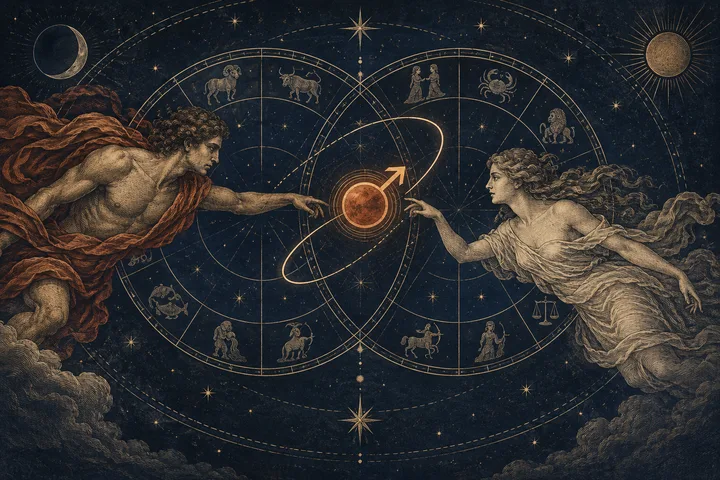 Engraved midnight-blue synastry chart with Mars and a partner reaching toward a glowing central planet, expressing desire and conflict.