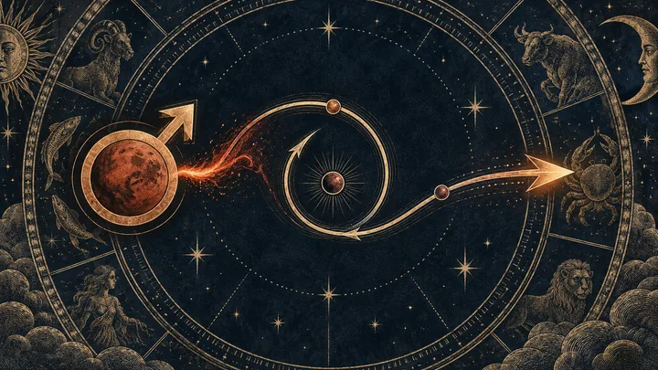 Engraved Mars motif tracing an inward loop before emerging as a deliberate outward arrow through a zodiac wheel.