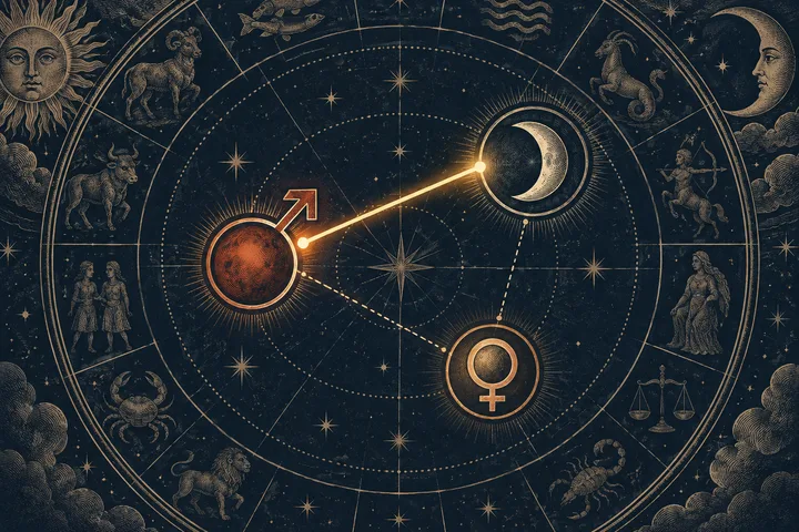 Close-up engraved synastry wheel linking Mars, Moon, and Venus, with one bright exact contact standing out from softer connections.