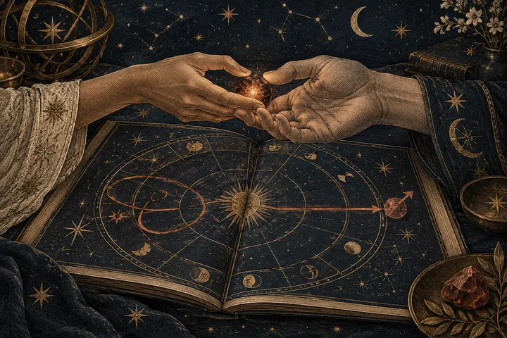 Two hands share a glowing ember above an engraved astrology chart, symbolizing clear communication and relationship repair.