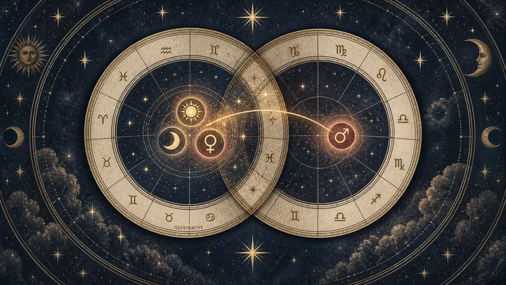 Illustrative engraved synastry chart with two overlapping zodiac discs, a three-planet natal cluster, and one incoming partner planet connected by a glowing brass line.
