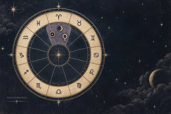 Illustrative midnight-blue zodiac plate showing three connected planetary symbols grouped within one highlighted sector of a natal chart.