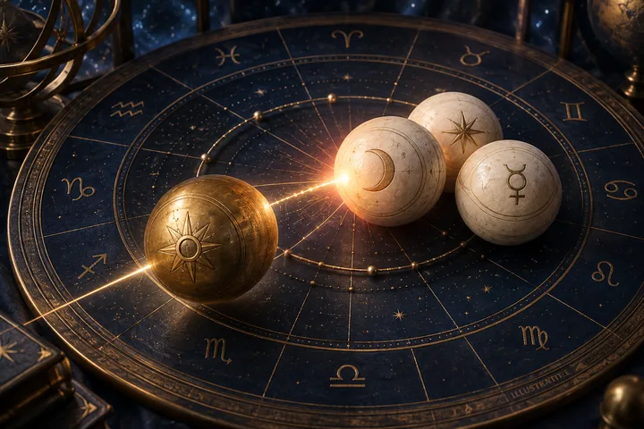 Illustrative close-up of a brass partner planet sending the brightest contact line into a cluster of three ivory planetary spheres on an engraved zodiac plate.