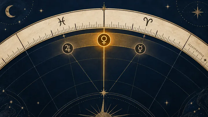 Illustrative engraved zodiac measuring arc with brass degree marks, a highlighted contact zone, and softer surrounding contacts inside a six-degree orb.