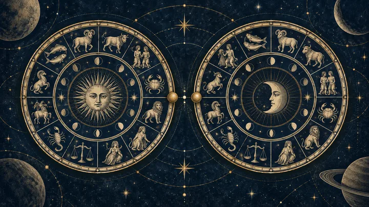 Illustrative engraved pair of zodiac wheels with Sun and Moon faces, brass rings, zodiac symbols, and stars
