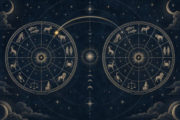 Illustrative paired zodiac wheels with a bright curved brass connection and a dotted arc between them