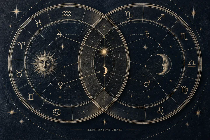 Illustrative overlapping synastry wheels with planetary glyphs, zodiac symbols, and dotted aspect lines