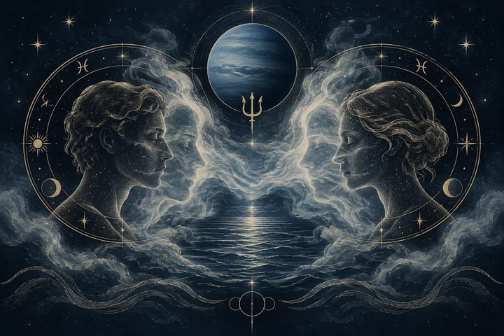 Engraved illustration of two human profiles facing each other across rippling water, with swirling mist, stars, zodiac rings, a large blue planet, and a trident symbol.