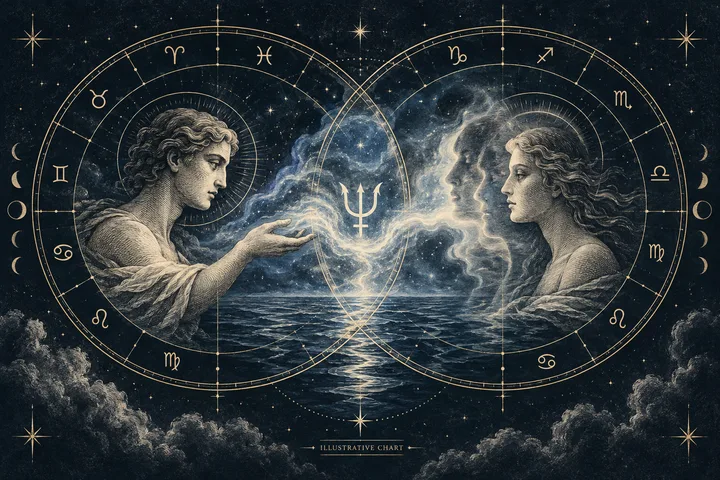 Two overlapping circular zodiac charts surround engraved figures facing each other across a starry sea, with a trident symbol between them and the words "ILLUSTRATIVE CHART" below.