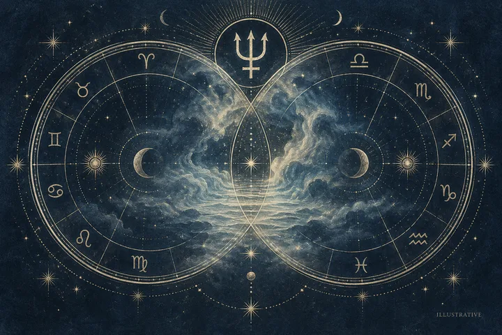 Two large circular zodiac diagrams overlap over a misty ocean scene, with crescent moons, sun symbols, stars, and a trident symbol above; "ILLUSTRATIVE" appears in the lower right.