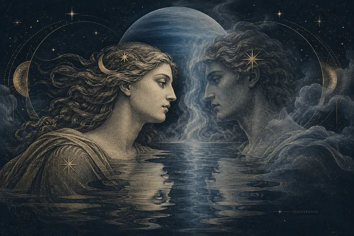 Engraved illustration of two human faces emerging from opposite sides of rippling water, with mist between them, a large blue planet behind them, stars, and crescent moons.