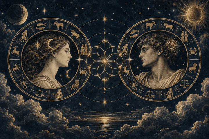 Two classical profile portraits face each other inside circular zodiac wheels, with interlocking geometric circles between them against a starry night sky.