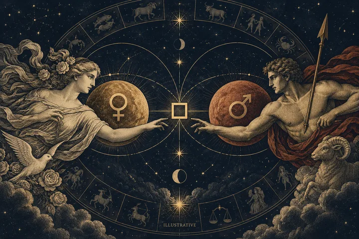 Two classical figures reach toward a square between two planetary disks inside a starry zodiac wheel.