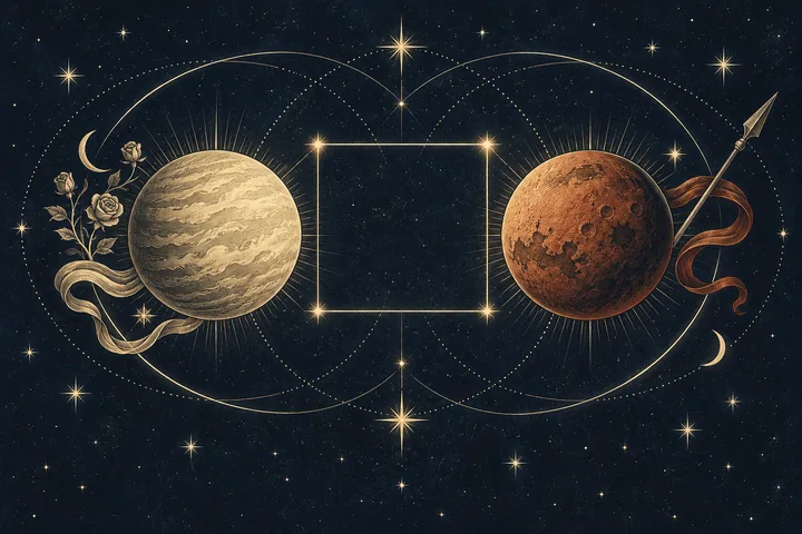 Two planetary disks sit on either side of a glowing square, with stars, roses, and a spear around them.
