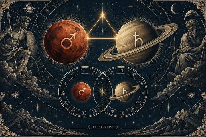 Engraved celestial illustration of Mars and ringed Saturn above a zodiac wheel, with stars, mountains, and an ‘ILLUSTRATIVE’ label.