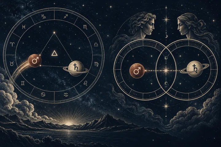 Two astrological diagrams show Mars and Saturn linked by dotted lines: a zodiac wheel on the left and overlapping circles beneath two facing figures on the right.