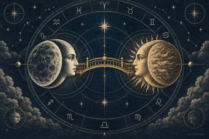 Engraved celestial illustration of moon-faced and sun-faced profiles connected by a bridge inside a zodiac circle, against a starry sky.