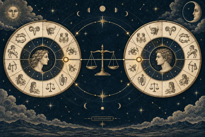 Two illustrated zodiac wheels with profile portraits face one another across a central balance scale, beneath stars, a sun, and a crescent moon.