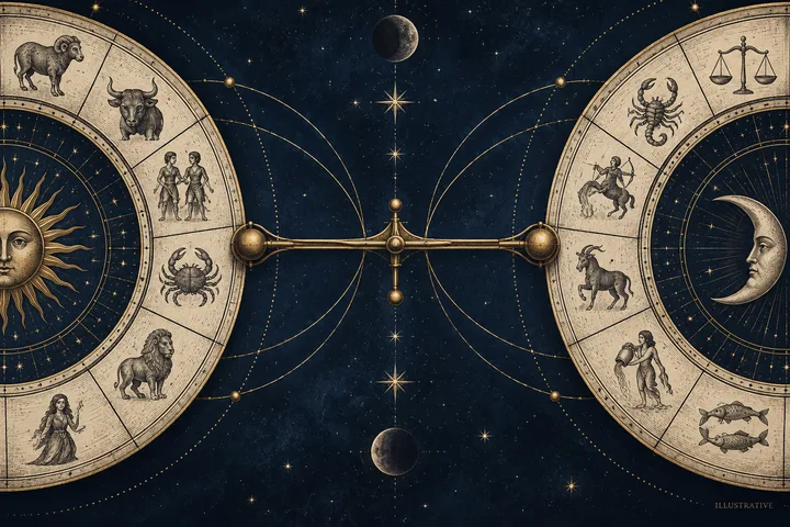 Partial zodiac wheels with a sun face on the left and a crescent-moon face on the right are connected by a horizontal gold bar in a starry sky.