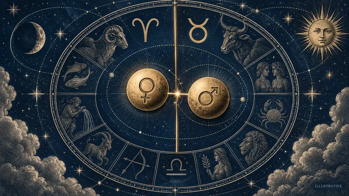 Engraved midnight-blue zodiac wheel with stars, clouds, zodiac figures, and two gold disks bearing female and male symbols at the center.