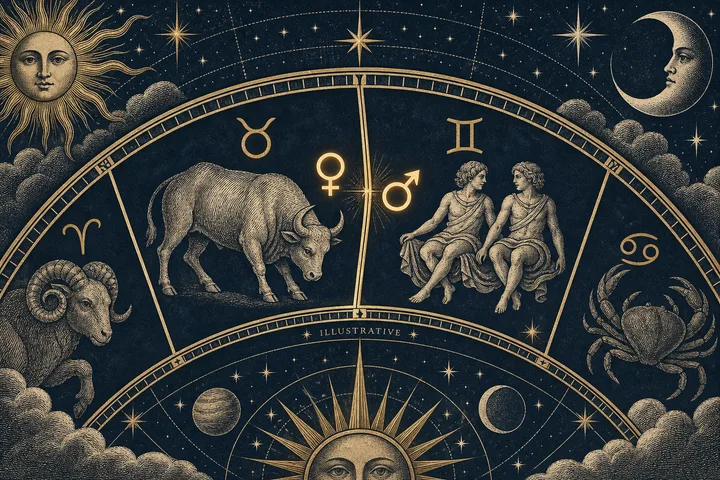Close view of an engraved zodiac wheel showing a bull, two seated figures, a ram, a crab, stars, and two glowing female and male symbols.