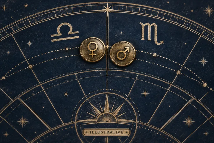 Engraved zodiac chart detail with Libra and Scorpio glyphs, two overlapping gold disks bearing female and male symbols, and a compass-like design below.