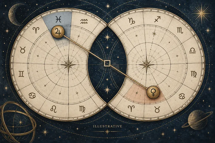 Editorial illustration accompanying: What does an out-of-sign major aspect ask you to read first: the angle or the signs?