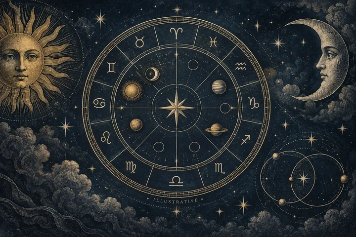 An engraved zodiac wheel with celestial symbols, a sun and moon with faces, and a small orbital diagram on a dark starry background.