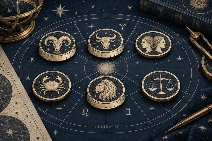 Six brass-rimmed medallions showing animal and human faces and a pair of scales, arranged on a starry zodiac chart.