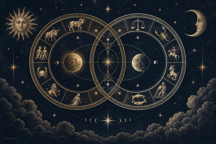 Two overlapping zodiac wheels with sun and moon faces, planets, stars, and zodiac figures on a dark blue background.
