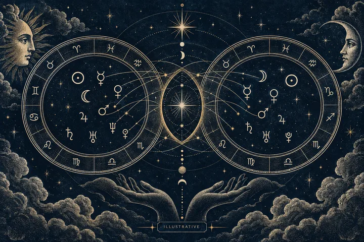 Two overlapping zodiac charts filled with planetary symbols, framed by sun and moon faces and hands beneath them.